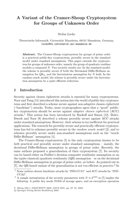 A Variant of the Cramer-Shoup Cryptosystem for Groups of Unknown Order