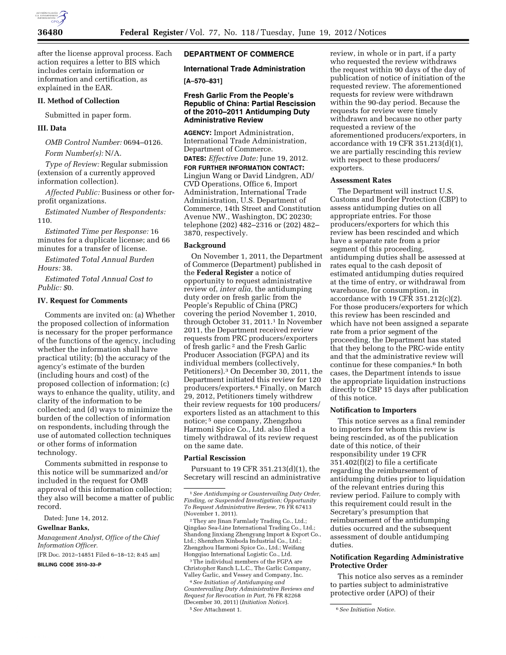 Federal Register/Vol. 77, No. 118/Tuesday, June 19, 2012/Notices