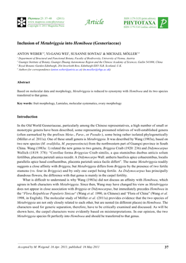 Inclusion of Metabriggsia Into Hemiboea (Gesneriaceae)