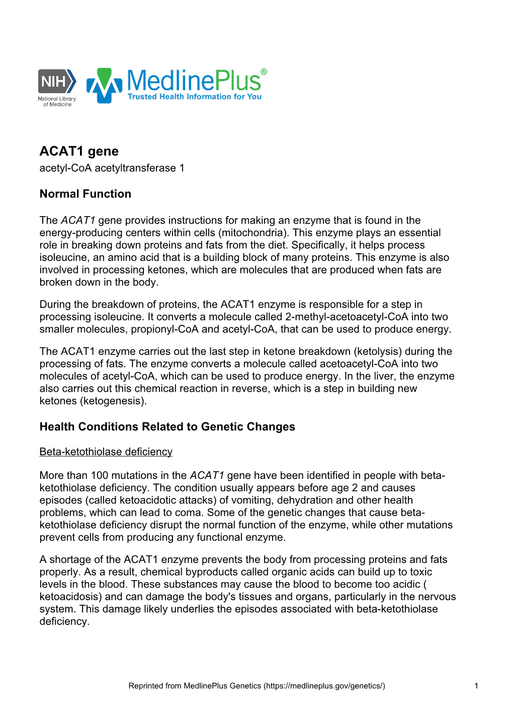 ACAT1 Gene Acetyl-Coa Acetyltransferase 1