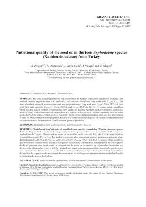 Nutritional Quality of the Seed Oil in Thirteen Asphodeline Species (Xanthorrhoeaceae) from Turkey