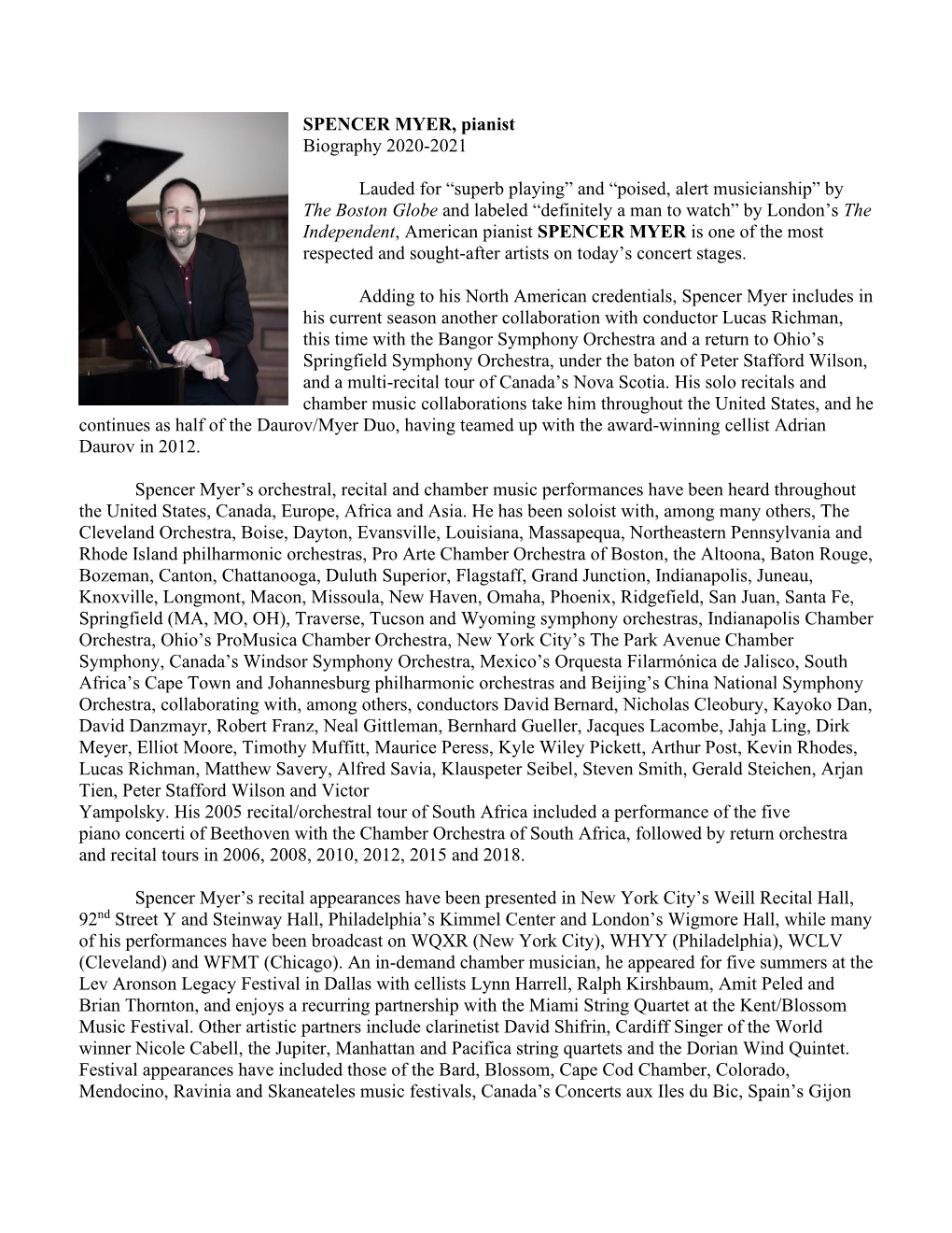 SPENCER MYER, Pianist Biography 2020-2021