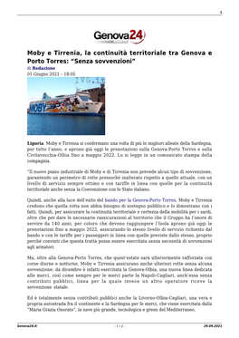 Moby E Tirrenia, La Continuità Territoriale Tra Genova E Porto Torres: “Senza Sovvenzioni” Di Redazione 01 Giugno 2021 – 18:05