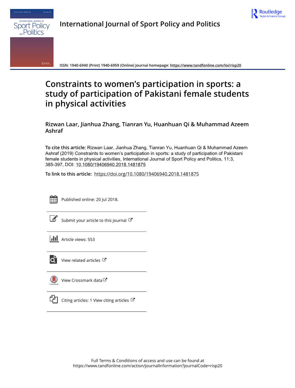 A Study of Participation of Pakistani Female Students in Physical Activities
