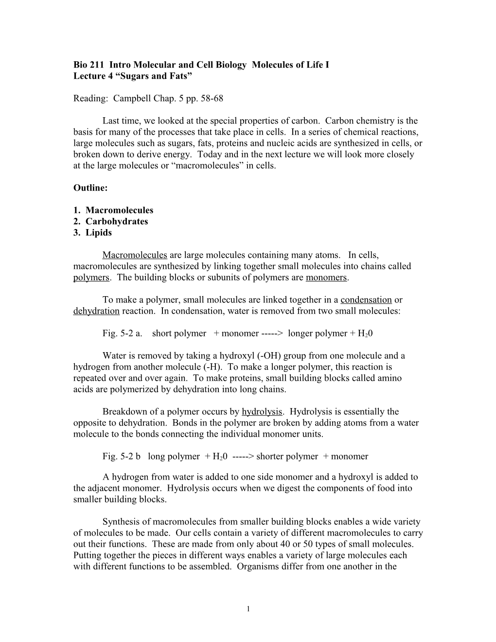 Bio 210 Cell Chemistry Lecture 4 Sugars and Fats