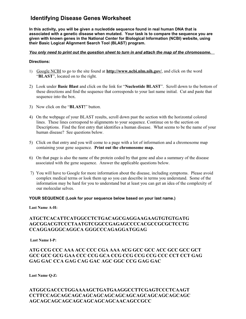 Identifying Disease Genes Worksheet s1