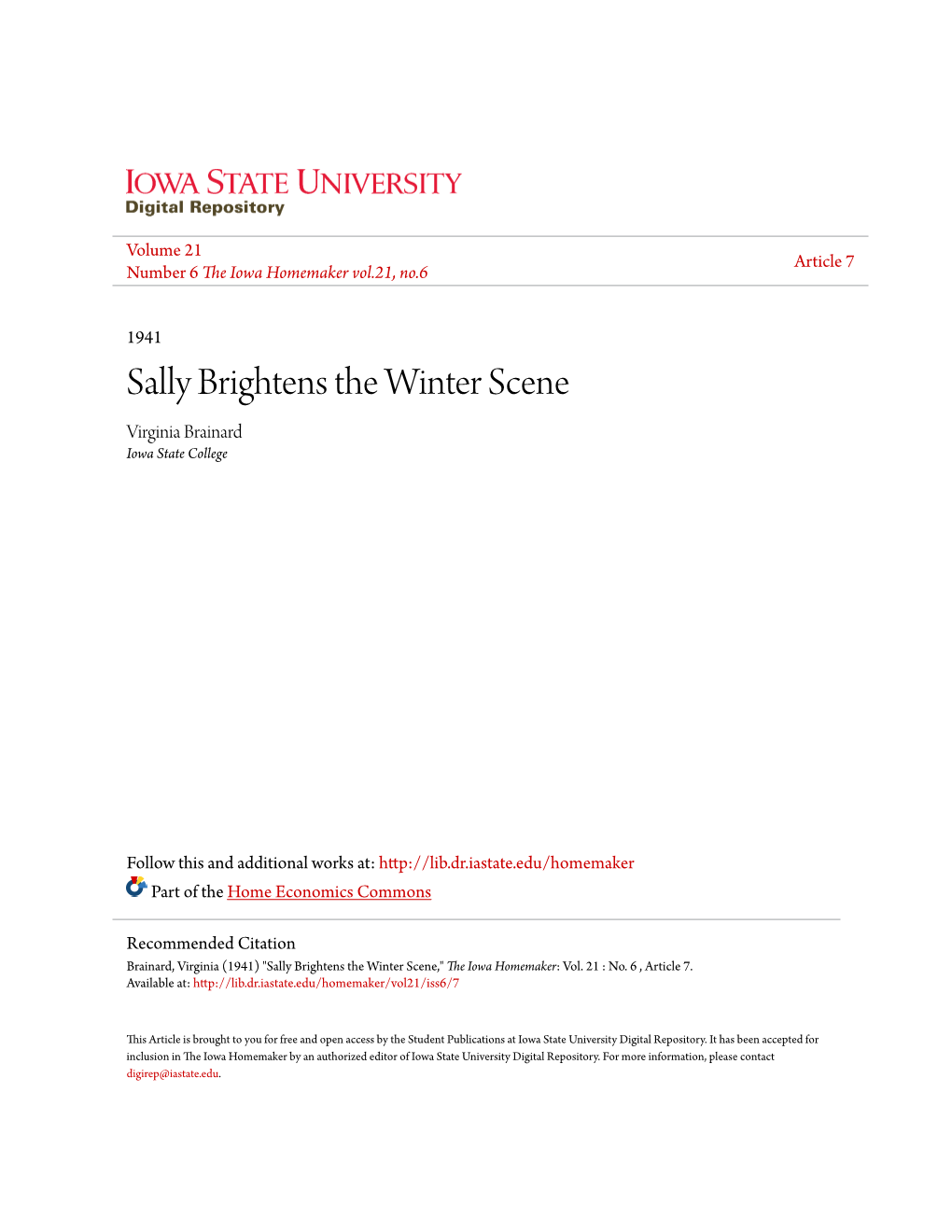 Sally Brightens the Winter Scene Virginia Brainard Iowa State College