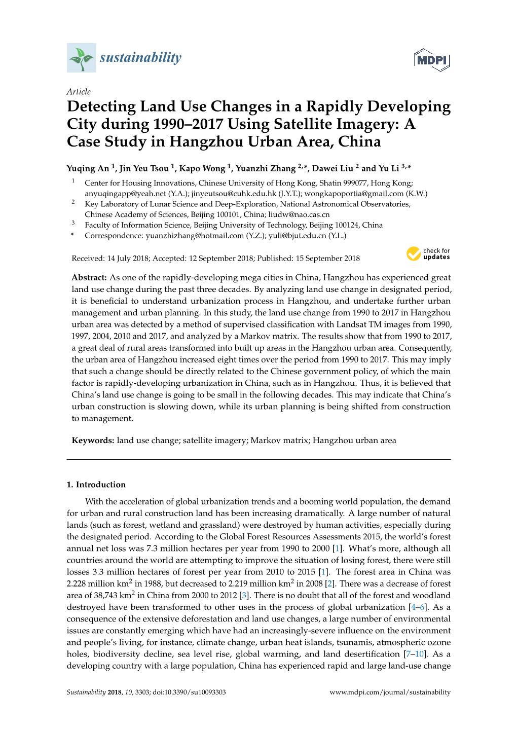 Detecting Land Use Changes in a Rapidly Developing City During 1990–2017 Using Satellite Imagery: a Case Study in Hangzhou Urban Area, China