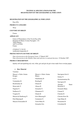 Technical Specifications for the Registration of the Geographical Indication