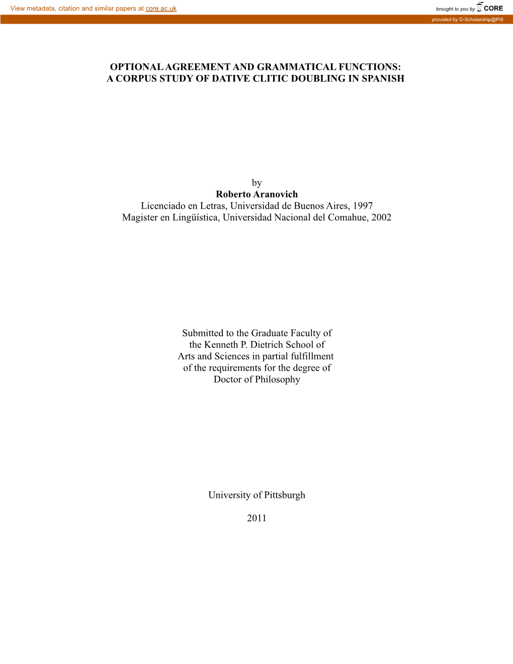 A CORPUS STUDY of DATIVE CLITIC DOUBLING in SPANISH By