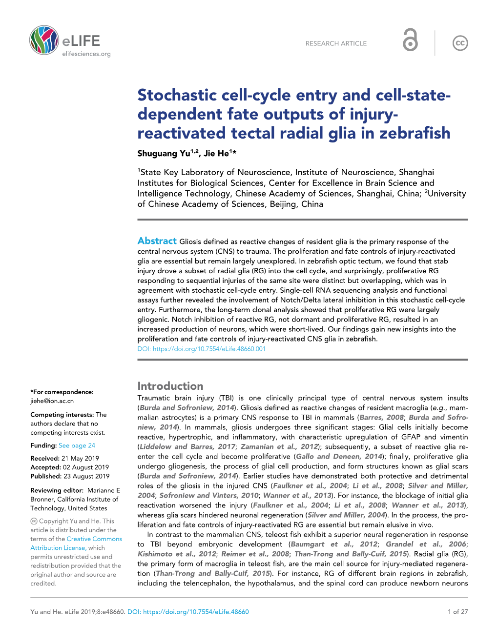 Reactivated Tectal Radial Glia in Zebrafish Shuguang Yu1,2, Jie He1*