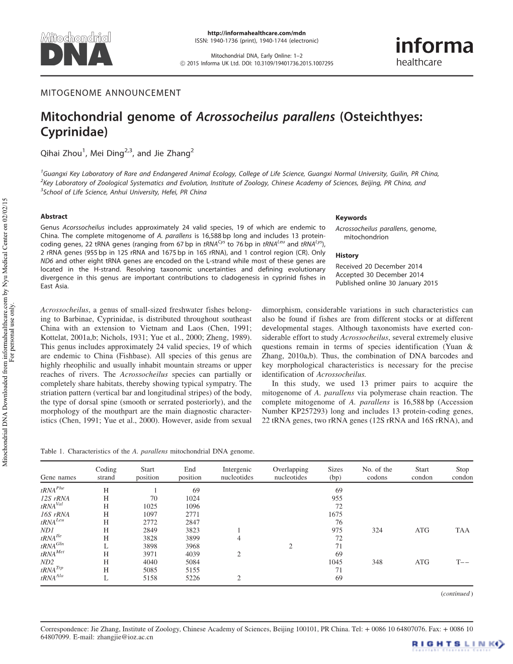 Mitochondrial Genome of Acrossocheilus Parallens (Osteichthyes: Cyprinidae)