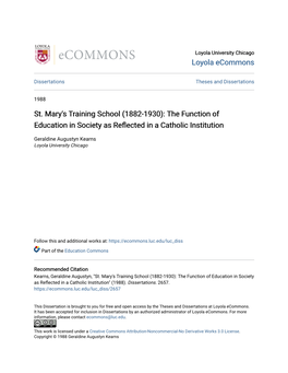 St. Mary's Training School (1882-1930): the Function of Education in Society As Reflected in a Catholic Institution