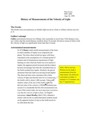 History of Measurements of the Velocity of Light