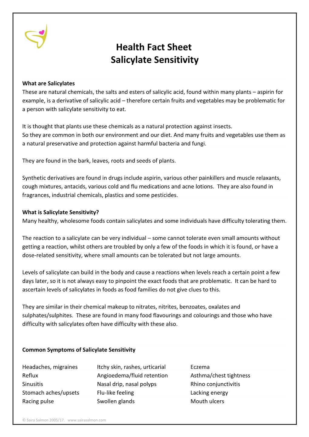 Health Fact Sheet Salicylate Sensitivity