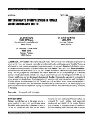 Determinants of Depression in Female Adolescents and Youth