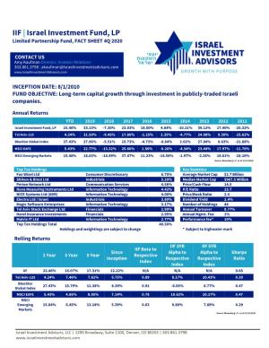 IIF | Israel Investment Fund, LP Limited Partnership Fund, FACT SHEET 4Q 2020
