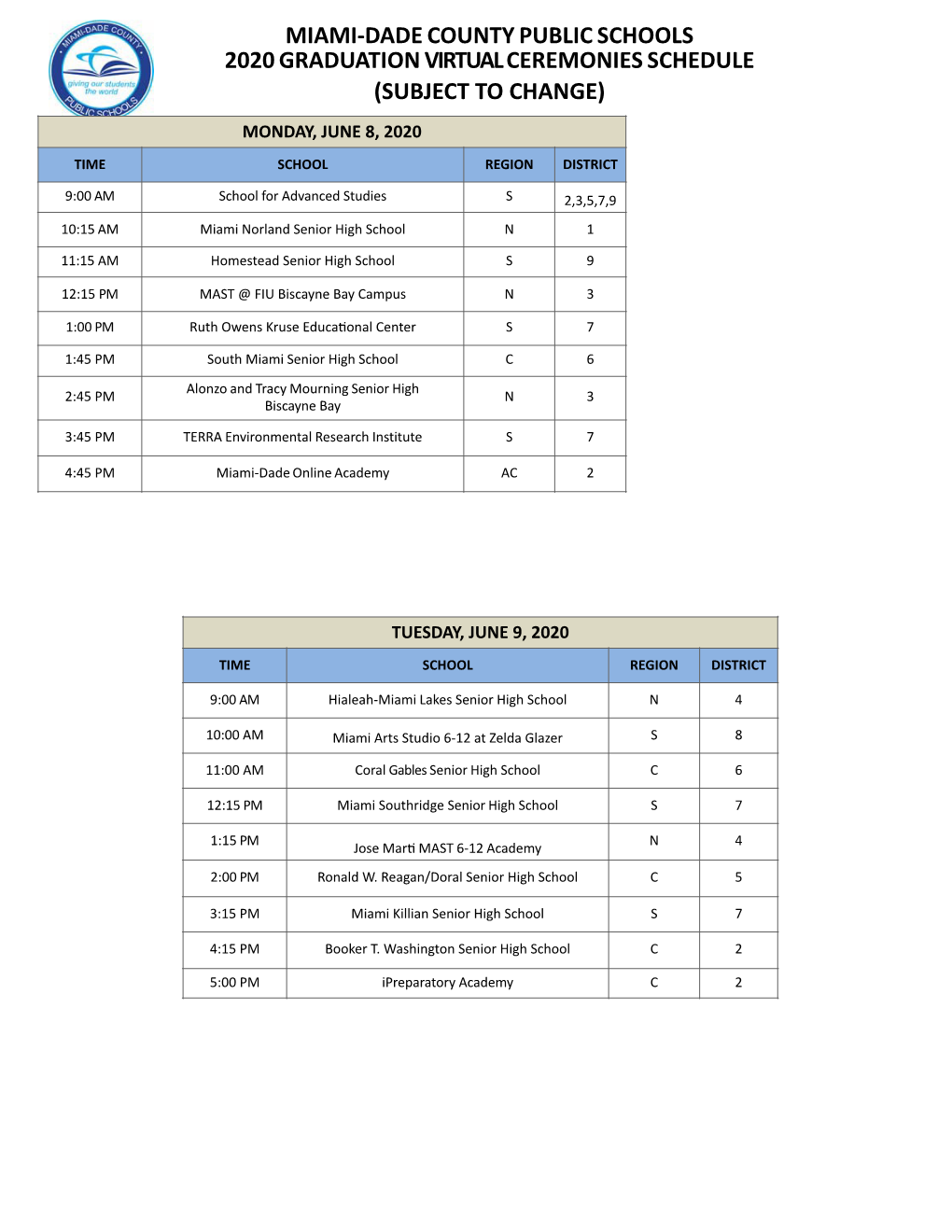 Miami-Dade County Public Schools 2020 Graduation Virtual Ceremonies Schedule (Subject to Change) Monday, June 8, 2020