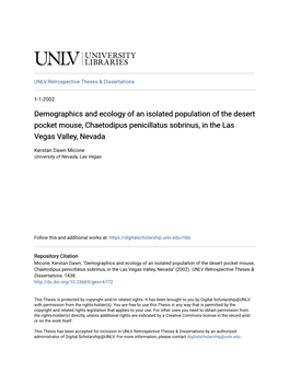Demographics and Ecology of an Isolated Population of the Desert Pocket Mouse, Chaetodipus Penicillatus Sobrinus, in the Las Vegas Valley, Nevada