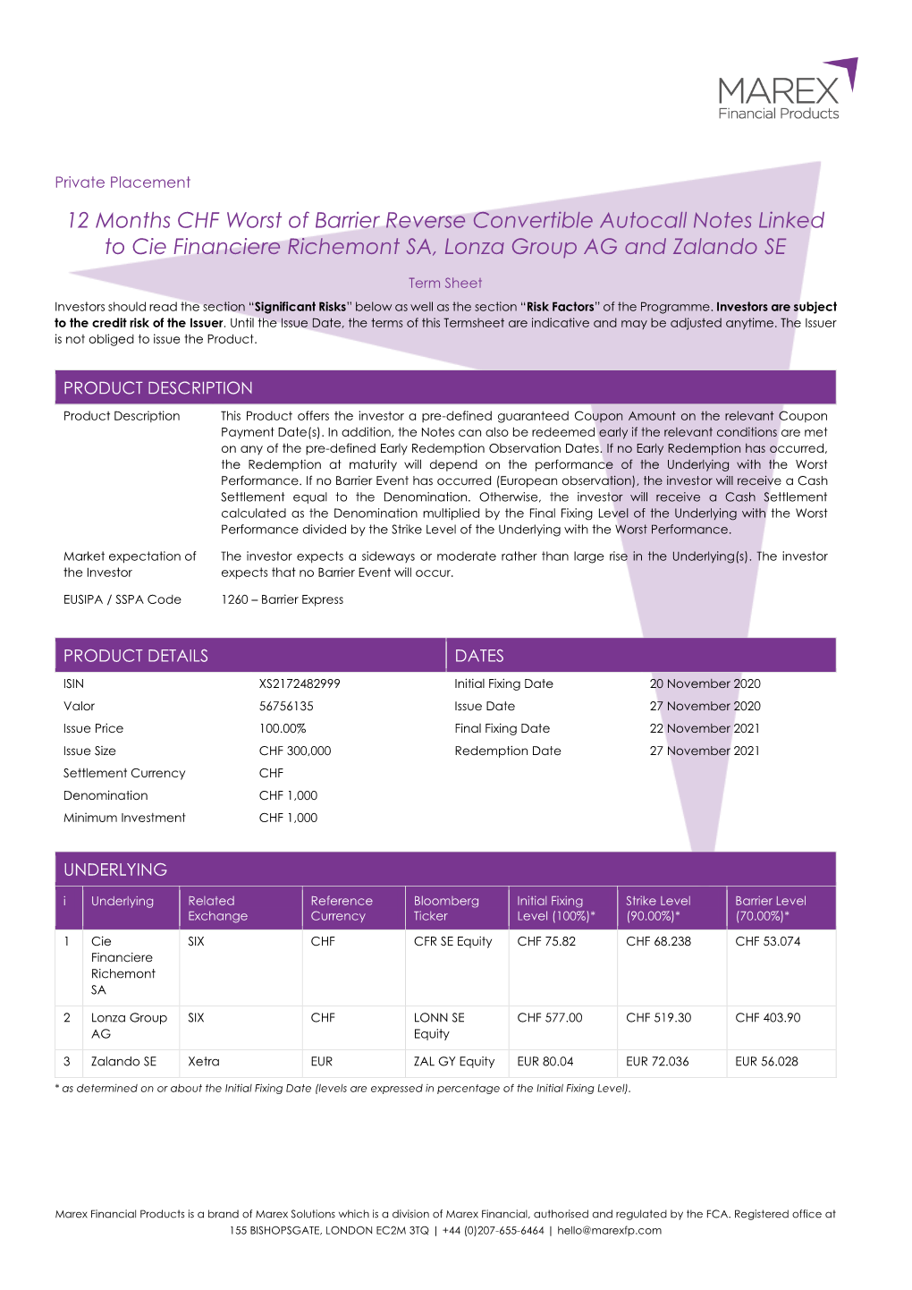 12 Months CHF Worst of Barrier Reverse Convertible Autocall Notes Linked to Cie Financiere Richemont SA, Lonza Group AG and Zalando SE