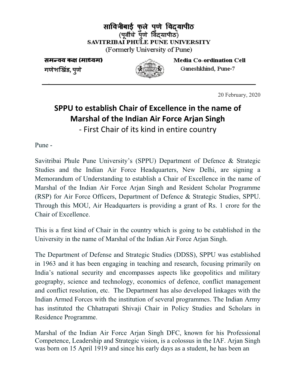 SPPU to Establish Chair of Excellence in the Name of Marshal of the Indian Air Force Arjan Singh - First Chair of Its Kind in Entire Country