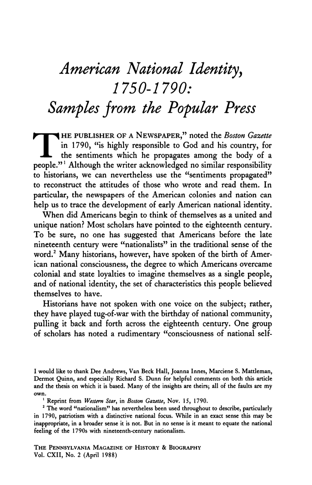 American National Identity<, 1750-1790: Samples from The