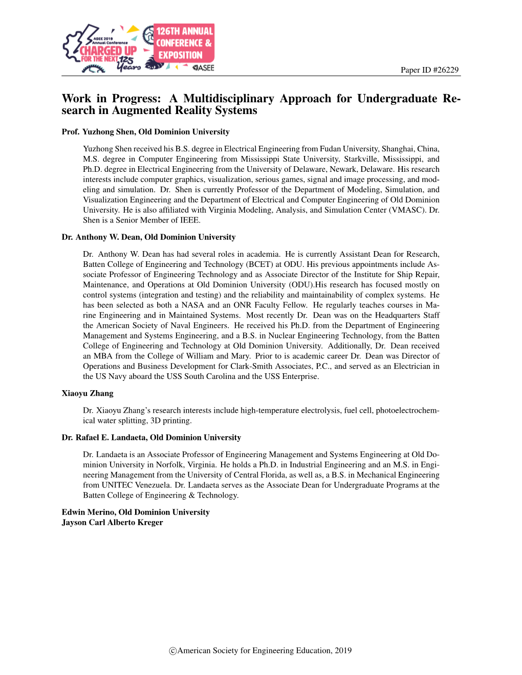 Work in Progress: a Multidisciplinary Approach for Undergraduate Re- Search in Augmented Reality Systems