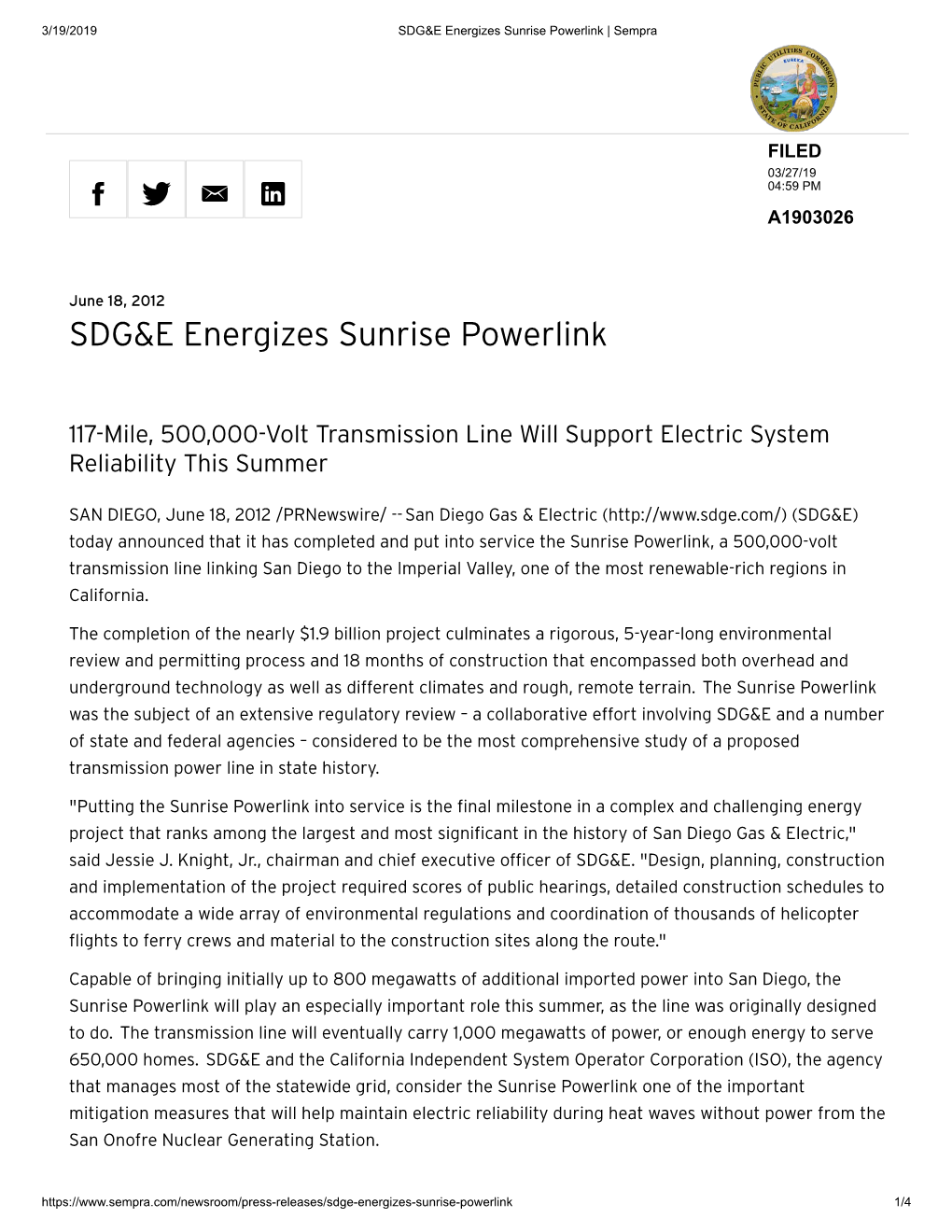 SDG&E Energizes Sunrise Powerlink