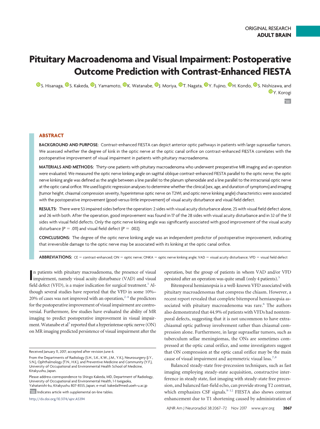 Pituitary Macroadenoma and Visual Impairment: Postoperative Outcome Prediction with Contrast-Enhanced FIESTA