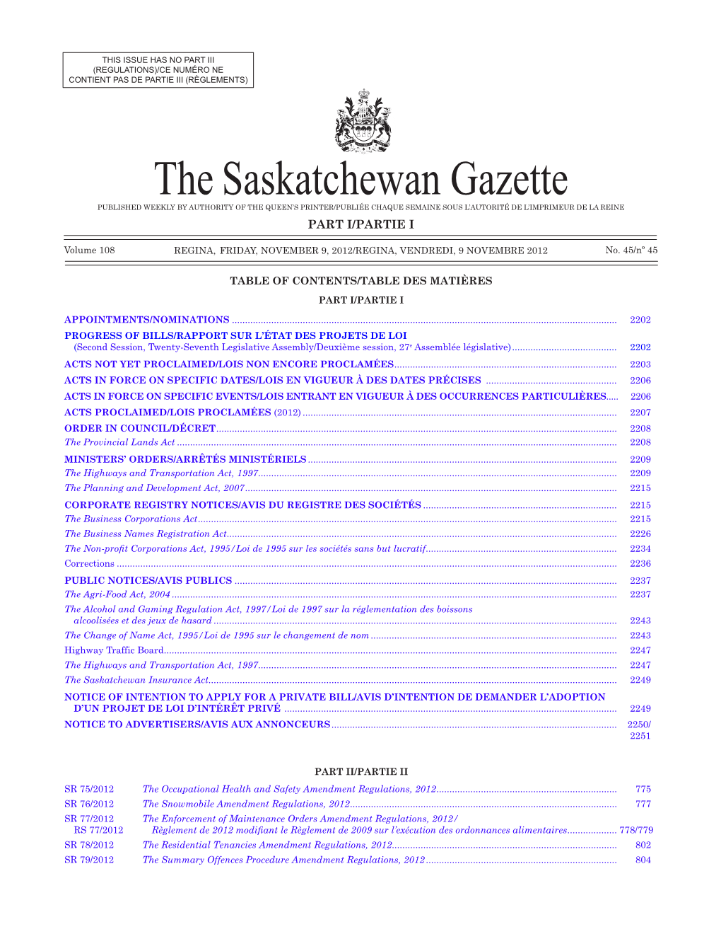 THE SASKATCHEWAN GAZETTE, November 9, 2012 2201