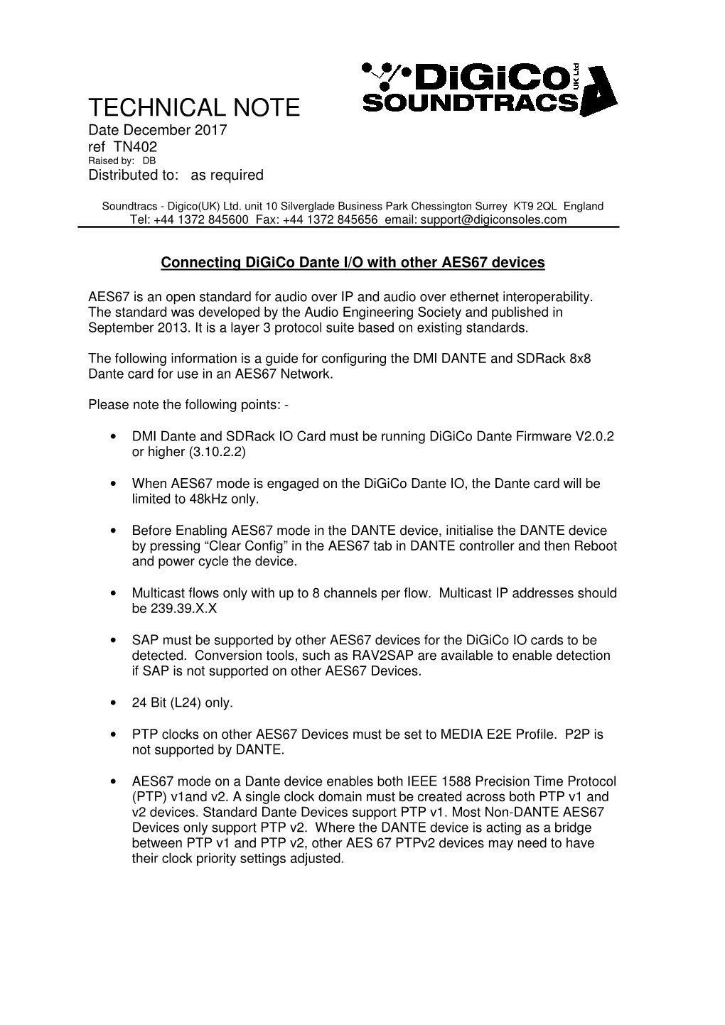 TECHNICAL NOTE Date December 2017 Ref TN402 Raised By: DB Distributed To: As Required