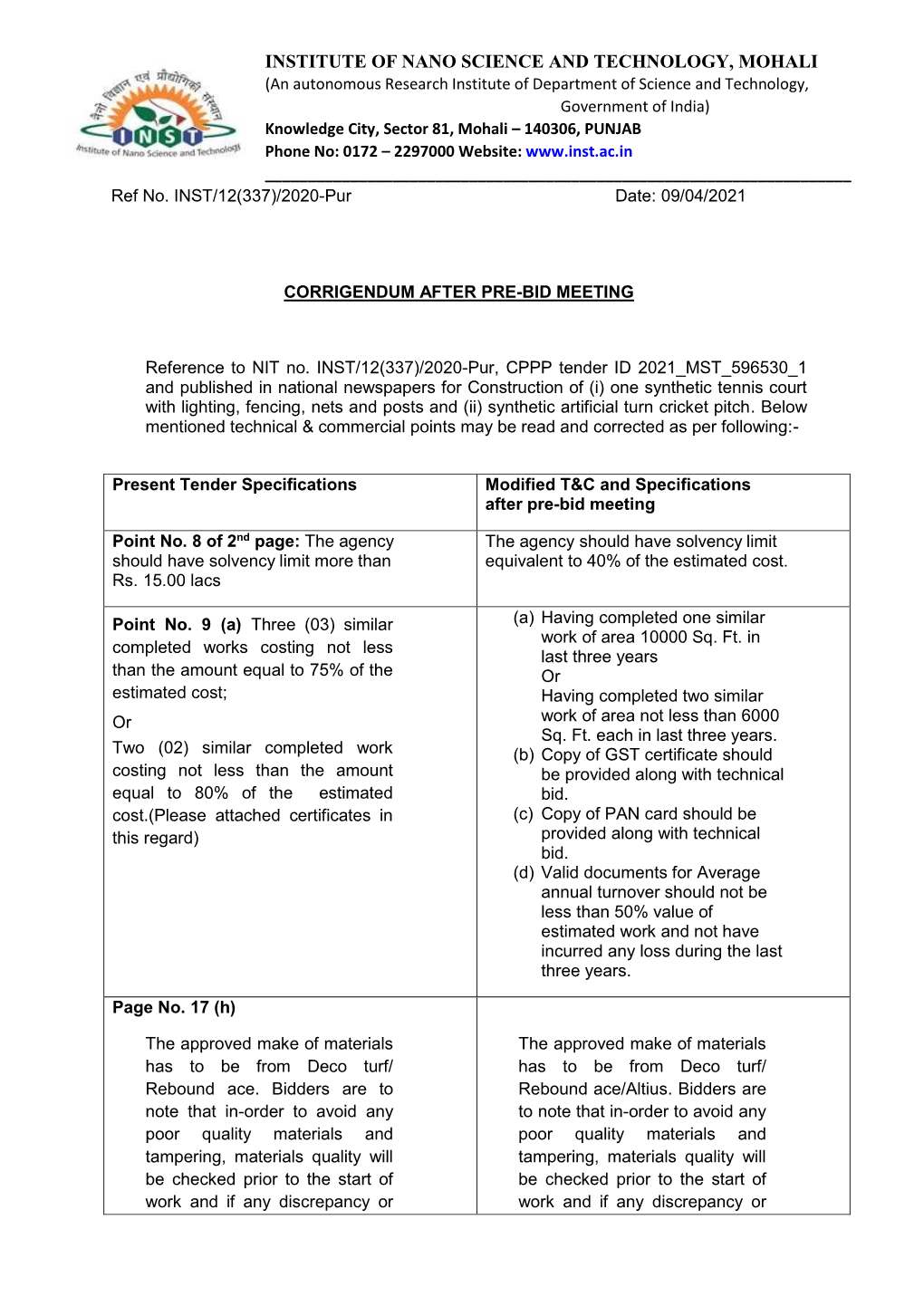 Corrigendum After Pre-Bid Meeting