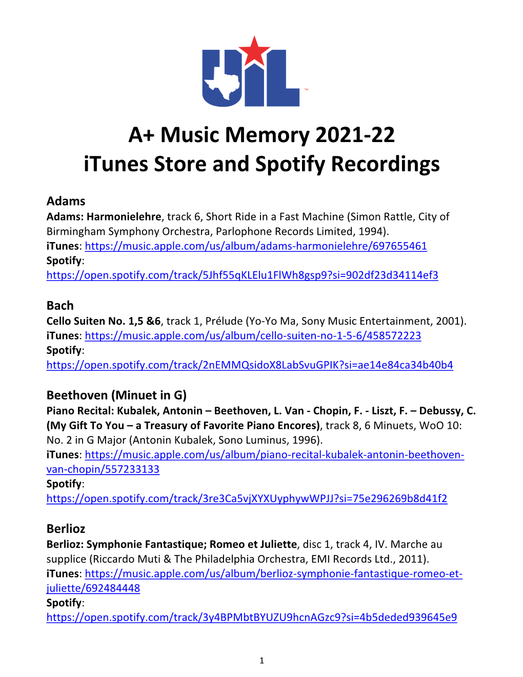 A+ Music Memory 2021-22 Itunes Store and Spotify Recordings