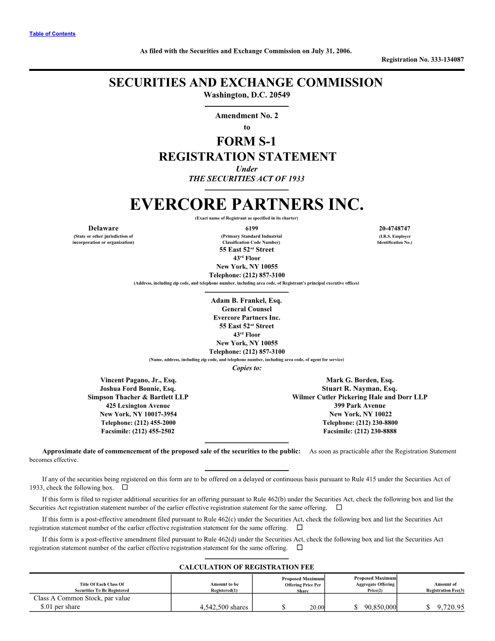 EVERCORE PARTNERS INC. (Exact Name of Registrant As Specified in Its Charter)