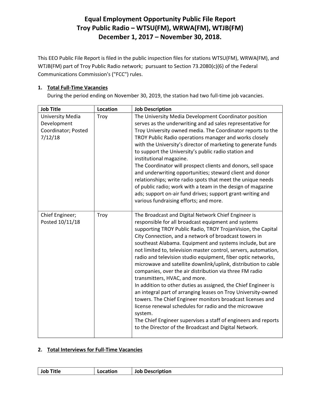 Equal Employment Opportunity Public File Report Troy Public Radio – WTSU(FM), WRWA(FM), WTJB(FM) December 1, 2017 – November 30, 2018