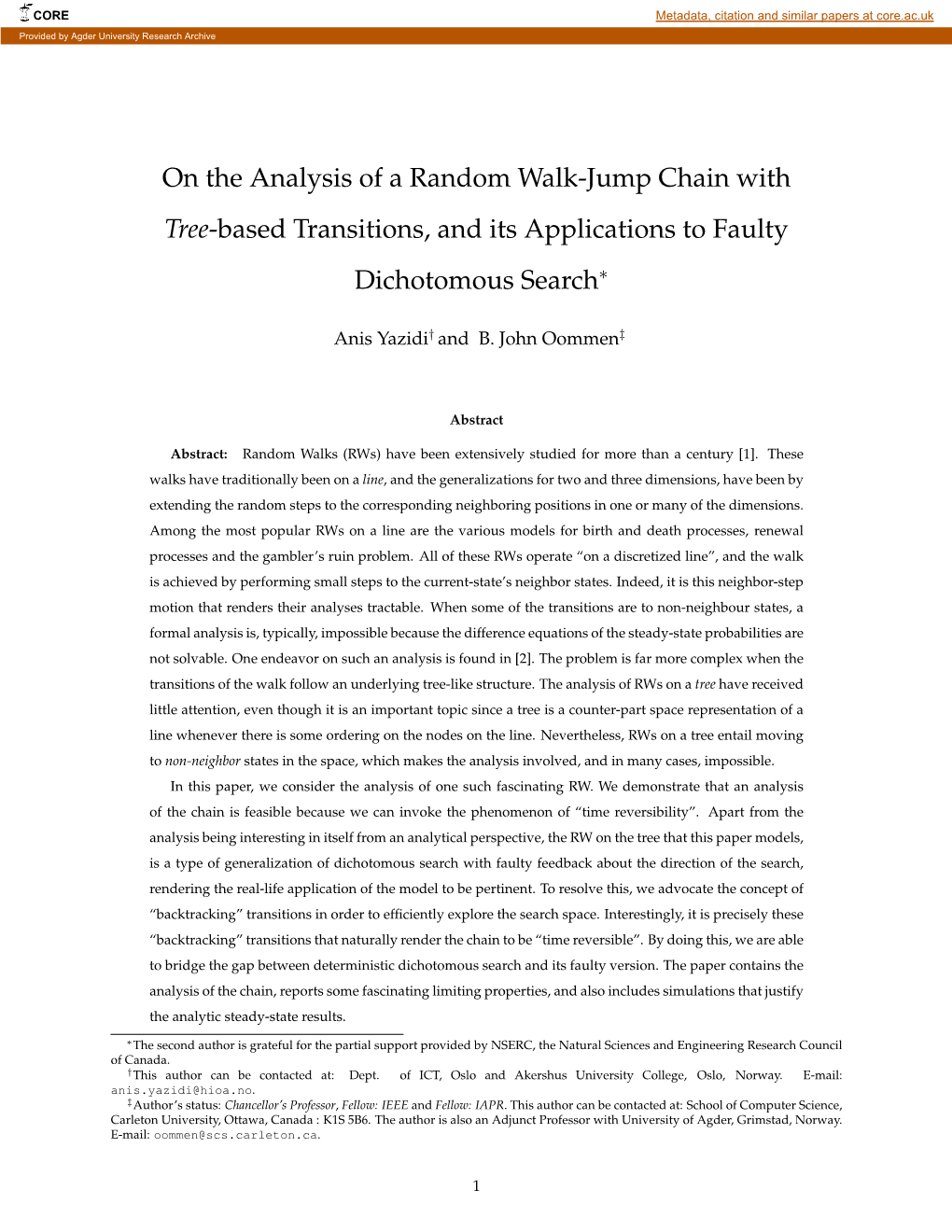 On the Analysis of a Random Walk-Jump Chain with Tree-Based Transitions, and Its Applications to Faulty Dichotomous Search∗