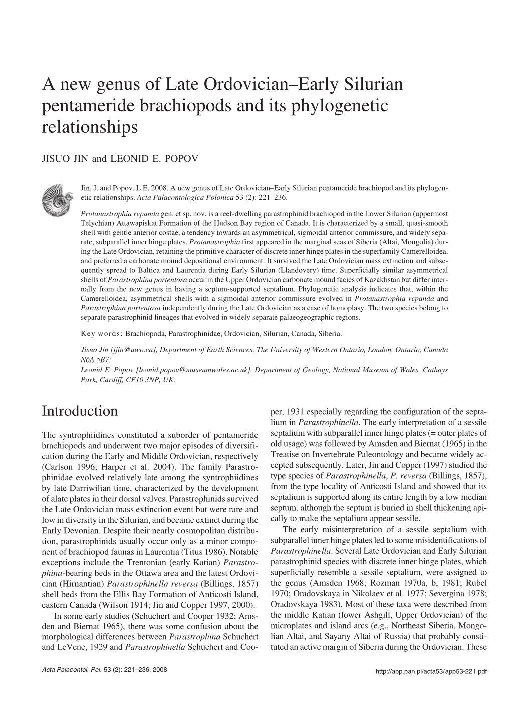 A New Genus of Late Ordovician–Early Silurian Pentameride Brachiopods and Its Phylogenetic Relationships