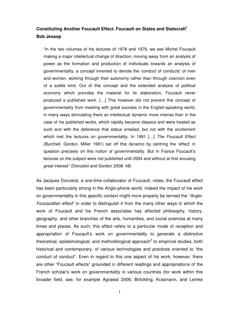 Constituting Another Foucault Effect. Foucault on States and Statecraft1