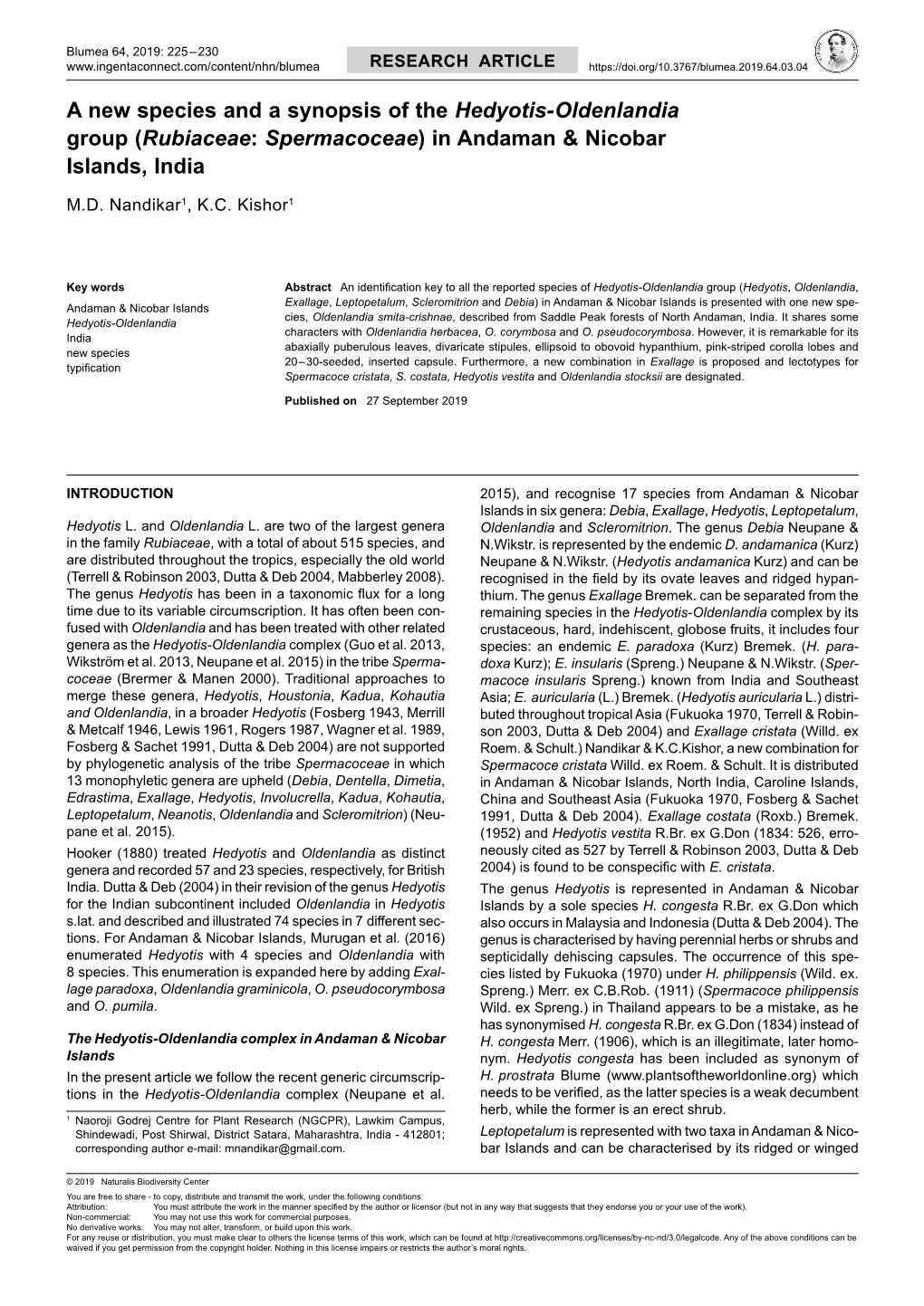 A New Species and a Synopsis of the Hedyotis-Oldenlandia Group (Rubiaceae: Spermacoceae) in Andaman & Nicobar Islands, Indi