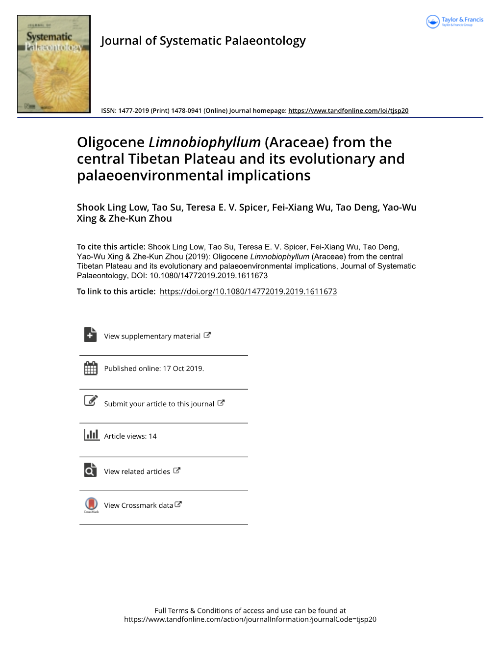 Oligocene Limnobiophyllum (Araceae) from the Central Tibetan Plateau and Its Evolutionary and Palaeoenvironmental Implications