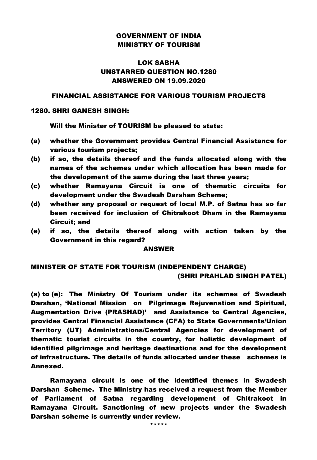 Government of India Ministry of Tourism Lok Sabha