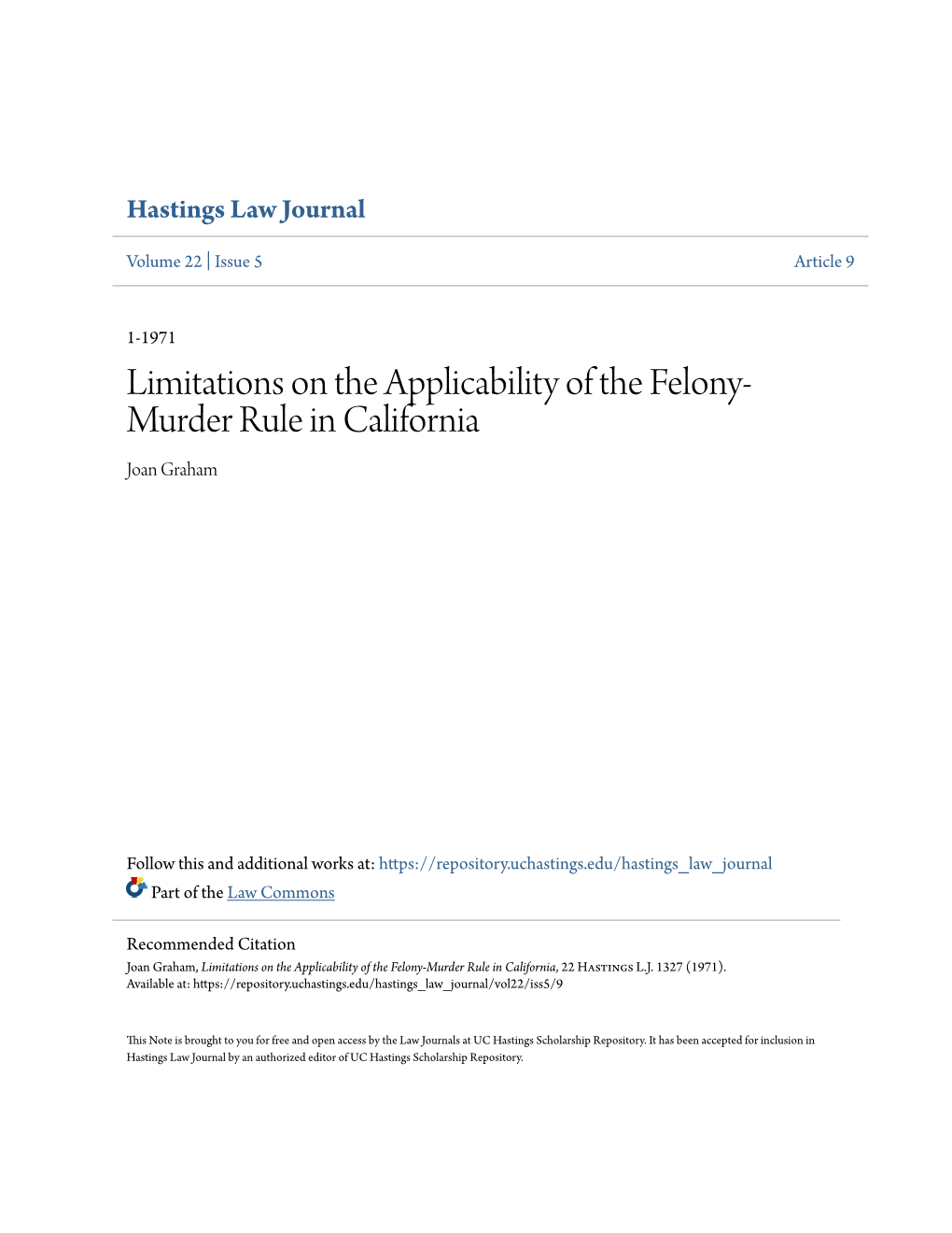 Limitations on the Applicability of the Felony-Murder Rule in California, 22 Hastings L.J