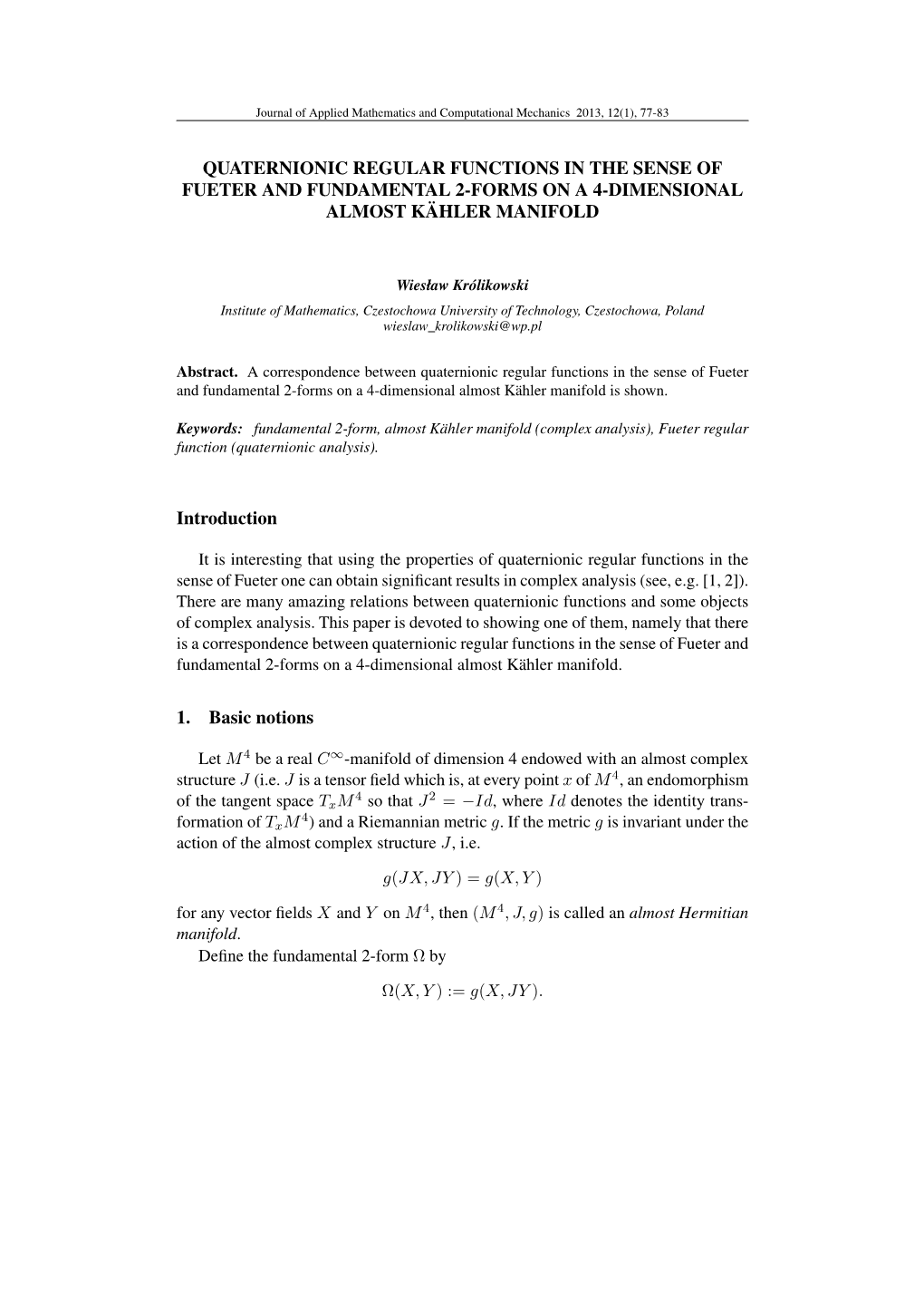 Quaternionic Regular Functions in the Sense of Fueter and Fundamental 2-Forms on a 4-Dimensional Almost Kähler Manifold