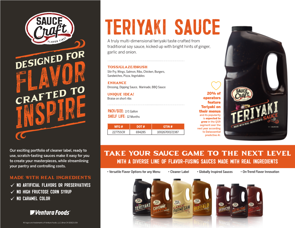 TERIYAKI SAUCE a Truly Multi-Dimensional Teriyaki Taste Crafted from Traditional Soy Sauce, Kicked up with Bright Hints of Ginger, Garlic and Onion