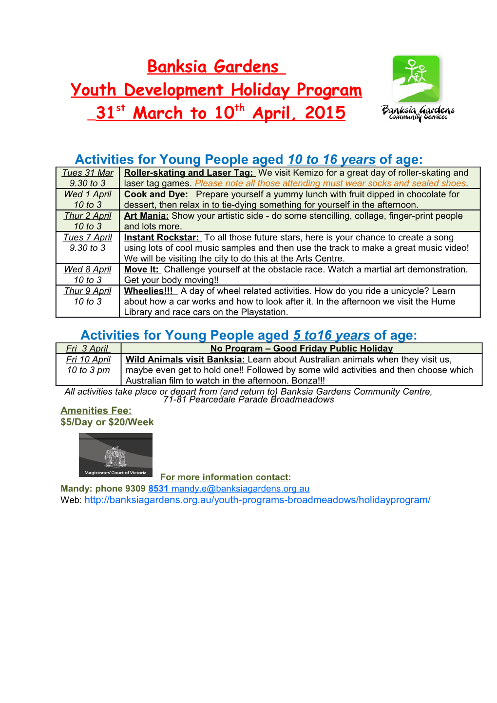 Activities for Young People Aged 10 to 16 Years of Age