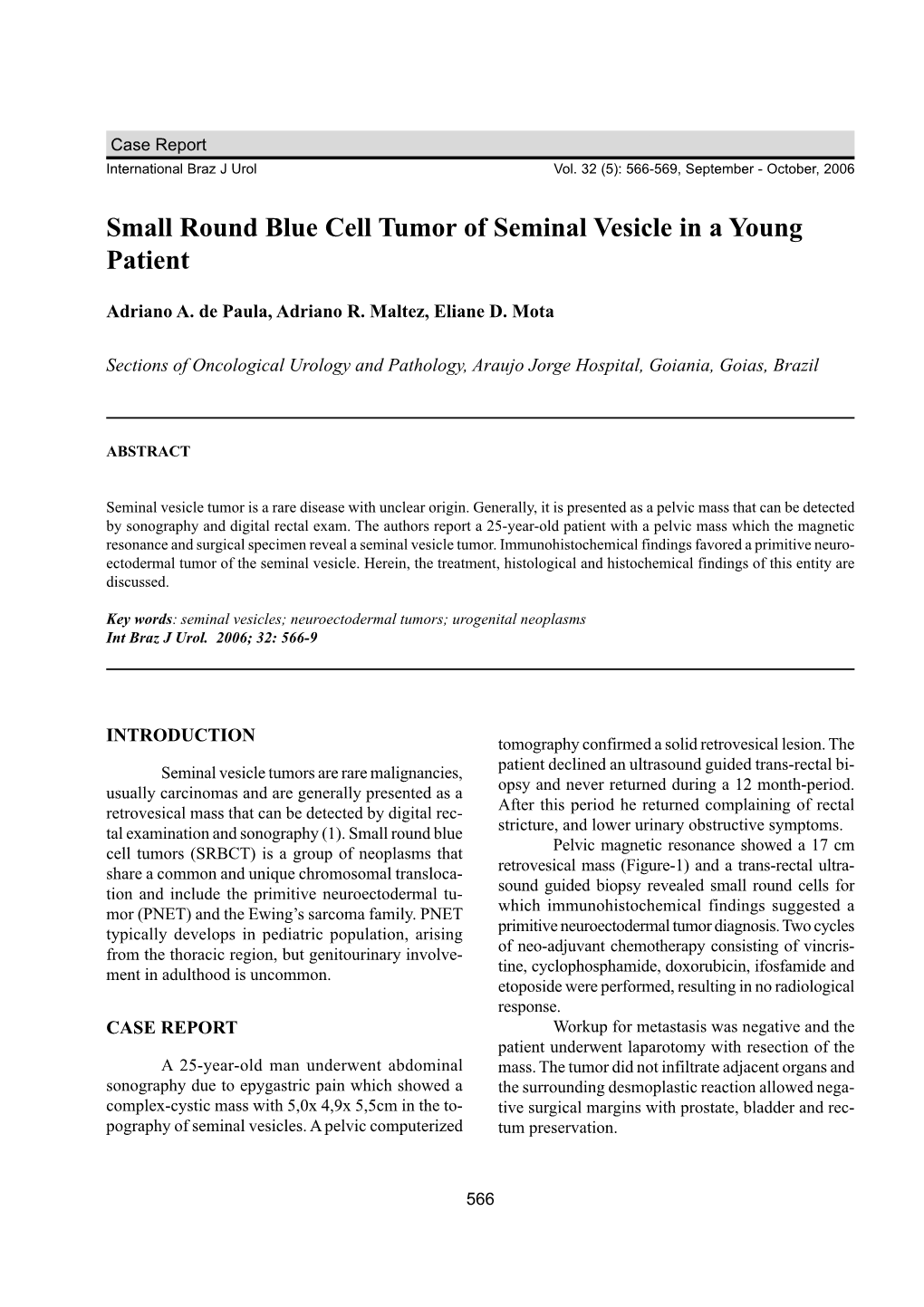 Small Round Blue Cell Tumor of Seminal Vesicle International Braz J Urol Vol