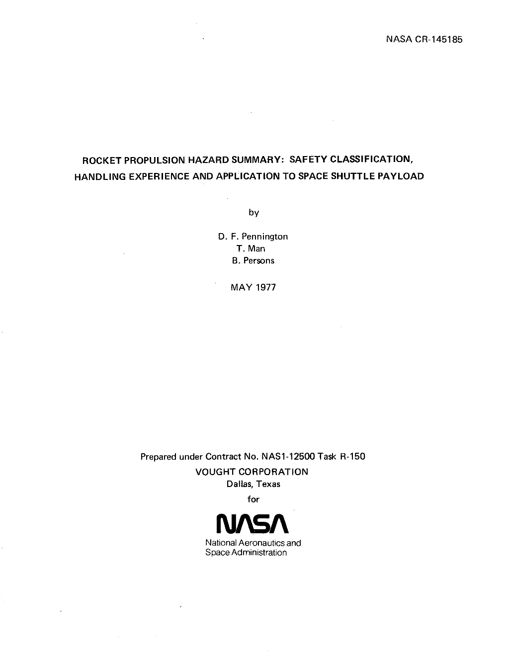 Nasa Cr-145185 Rocket Propulsion Hazard Summary