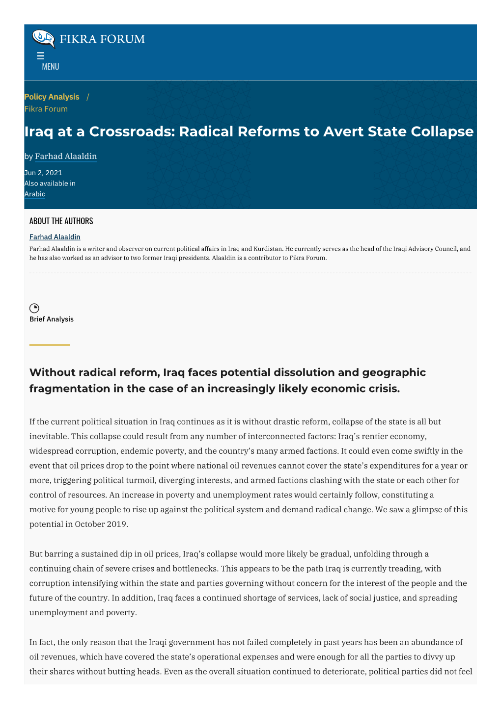 Iraq at a Crossroads: Radical Reforms to Avert State Collapse by Farhad Alaaldin