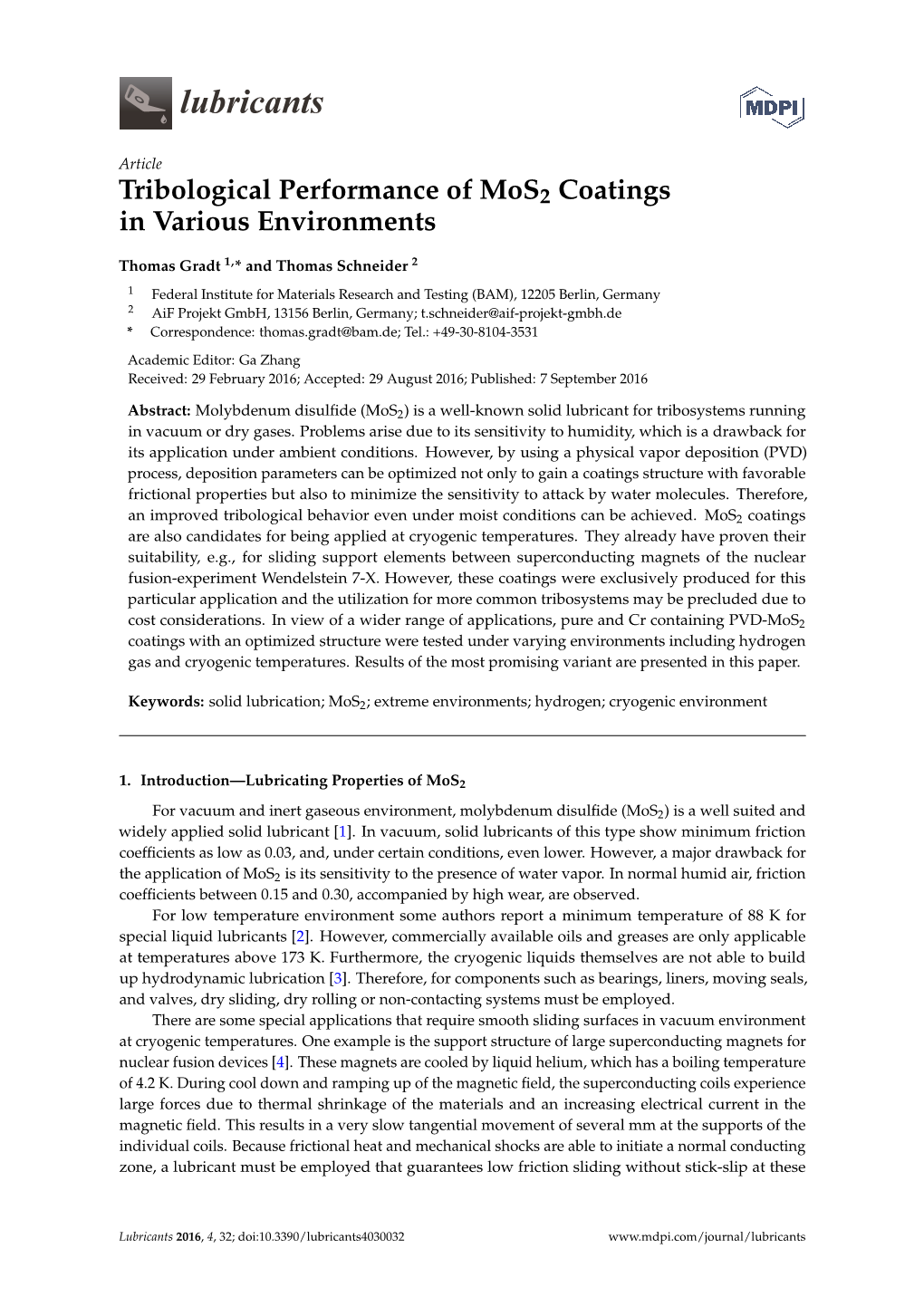 Tribological Performance of Mos2 Coatings in Various Environments