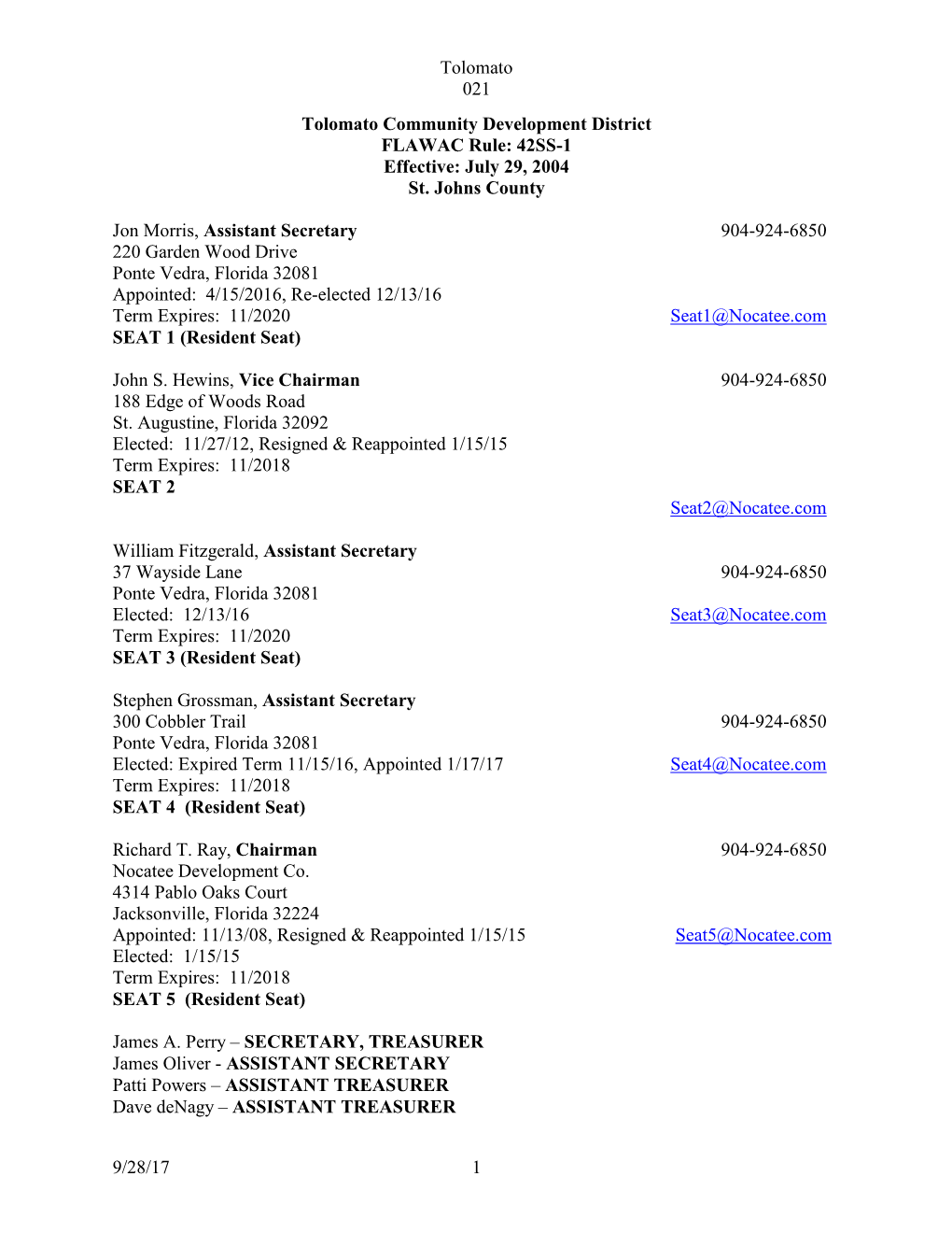 Tolomato Community Development District FLAWAC Rule: 42SS-1 Effective: July 29, 2004 St